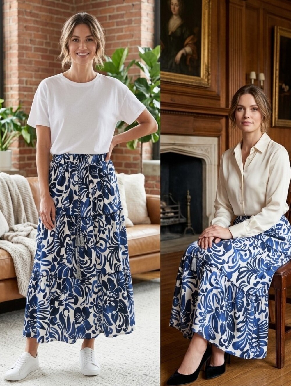 Mlle Gabrielle Blue and White Floral Tiered Maxi Skirt